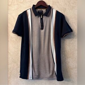 Denim & Flower Ricky Singh Navy/White/Brown Houndstooth/Striped Zip Up Polo